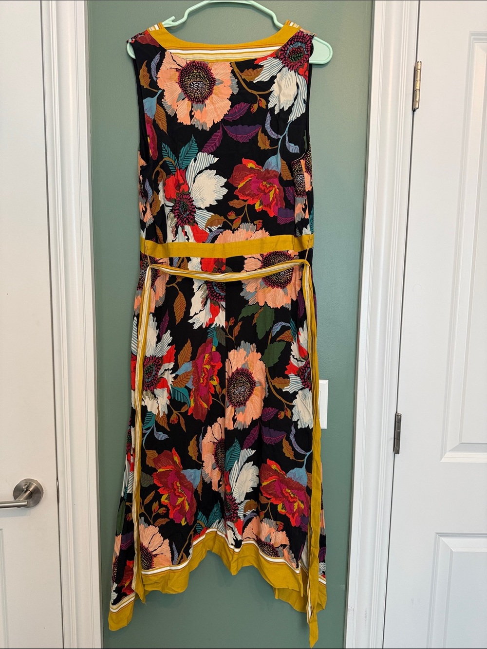 Anthropologie Black Floral Midi Dress with Mustard Trim - Picture 3 of 3